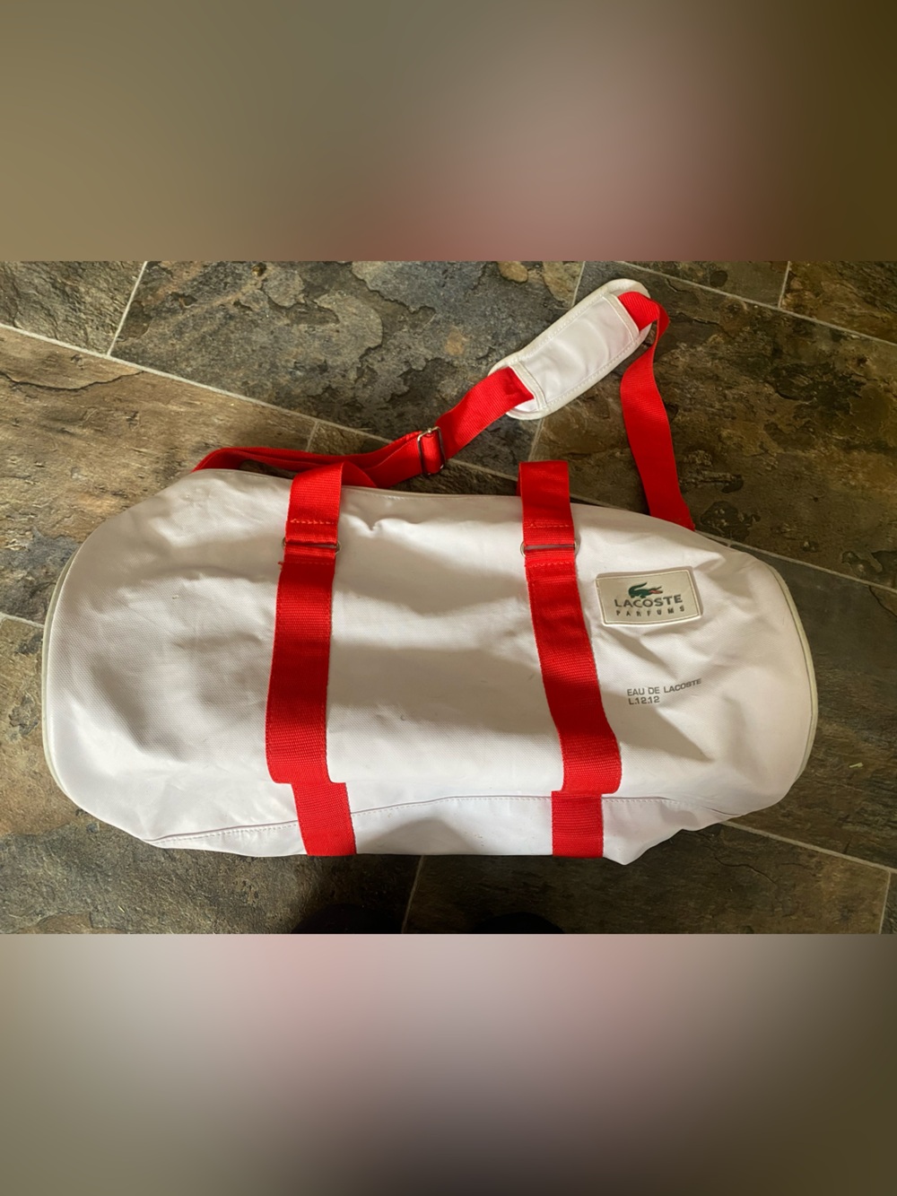 Lacoste White Tote with Red Webbing Straps